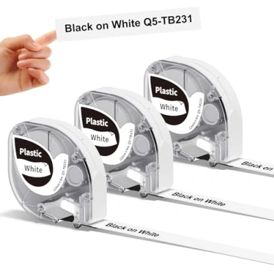 Immagine di 3x Phomemo P12 Nero su nastro di plastica bianco per etichette, 12mm x 4m,per la stampante etichette P12/LT12,come sostituzione Dymo LetraTag LT100H LT100T QX50 XR XM 2000 Plus