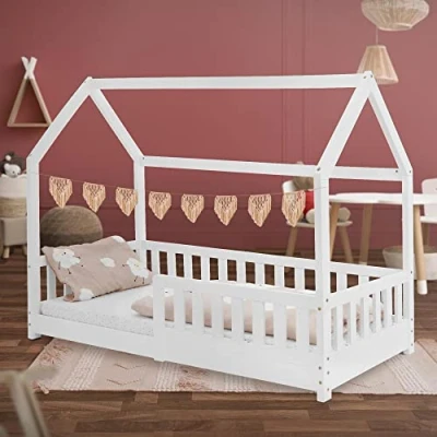 Immagine di ML Design Lettino per Bambini a Forma di Casa 80 x 160 cm con Protezione Anticaduta Tetto e Rete Doghe in Legno Pino Massiccio Bianco Letto Bimbi Robusto Facile da Montare Peso Max. 100 kg