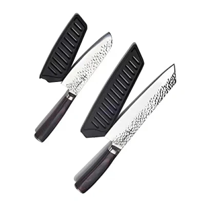 Immagine di hajegato set di coltelli da chef giapponesi professionali e cucina 7cr17 in acciaio inossidabile tedesco ad alto tenore carbonio, regalo 2 pezzi (Set 7.5&quot; &amp; 5&quot;)