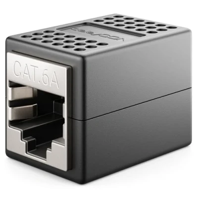 Immagine di deleyCON 1x CAT6a Accoppiatore Cavi di Rete Cavo Patch Ethernet Adattatore Componibile Schermato 2x Presa RJ45 10Gbit/s DSL LAN Nero