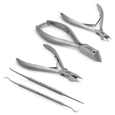 Immagine di Podologia Werkzeugset von Blizzard 5 teiliges Set mit konkaver Pfeil und Flammen Zehennagelzange, schwarzer Feile Sonde deutsche geschmiedete Instrumente Krankenhausqualität