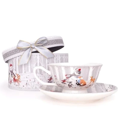 Immagine di Christmas Concepts® Snowman &amp; Friends Deluxe Ceramic Tableware Range 6,3oz Tea Cup Saucer Set With Matching Decorative Gift Box