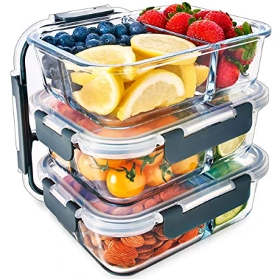 Immagine di Contenitori In Vetro Per Alimenti Con 3 Scomparti Coperchi Trasparenti Chiusura Ermetica Senza BPA Adatti A Microonde, Freezer, Forno E Lavastoviglie Pezzi