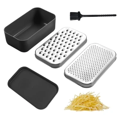 Immagine di 1 set di grattugia per formaggio con spazzola da pezzo, scatola contenitore e coperchio, cucina in acciaio inox, tritatutto multifunzionale, pelapatate verdure,