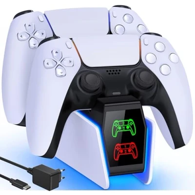 Immagine di GAMSINGY Base Ricarica PS5, Caricatore Controller PS5 con Rapida di 2 Ore/Luce RGB/Indicatore LED, Joystick per Dualsense Wireless/Edge