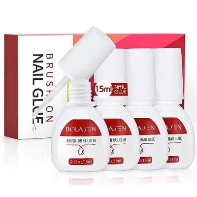 Immagine di 4 Bottiglie 15ML Colla per Unghie Finte, BOLASEN Finte con un Pennello, Acriliche, Super Forte Tip e Decorazioni Strass