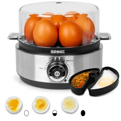 Immagine di Duronic EB40 BK Cuociuova elettrico 400W Cuoci Uova fino a 7 Bollitore per Sode Medie Alla coque Cuocitore di con 2 vassoi Frittata e uovo in camicia Omelet maker Egg cooker