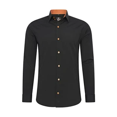 Immagine di Rusty Neal Camicia da uomo di alta qualità, slim fit, a maniche lunghe, elasticizzata, contrasto, per il tempo libero, nero / arancione, XL