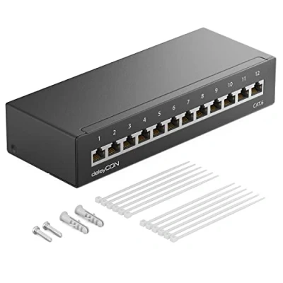 Immagine di deleyCON CAT 6 Pannello Patch Distribuzione con 12 Porte 1RU Montaggio a Parete e Desktop Schermatura Prese RJ45 Cavi d&#039;Installazione Rete Ethernet TIA568A TIA568B in RAL9005 Nero