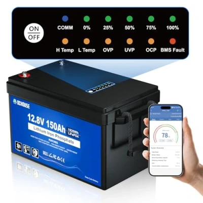 Immagine di DCHOUSE Batteria al litio LiFePO4 da 12 V, 150 Ah, con Bluetooth, protezione dalle basse temperature, 4000 10000 cicli, perfetta per camper, impianti solari, roulotte, motori a traina