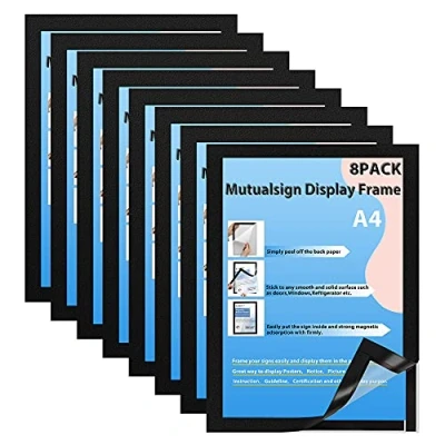 Immagine di Mutualsign Cornice Magnetica per Espositore A4 Magnetic Display Autoadesiva, Confezione da 8, Nero