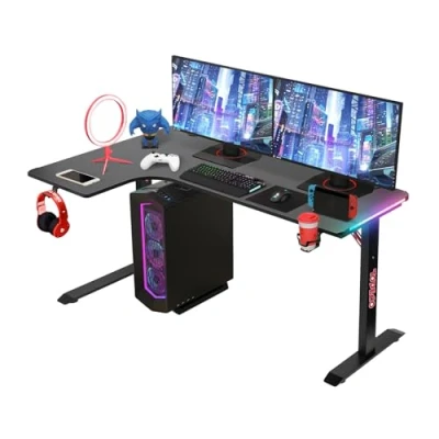 Immagine di Todeco Scrivania ad Angolo in Forma di L, Tavolo Gaming LED, Grande Postazione Gaming, con Desktop Fibra Carbonio Scrivania, Porta Bicchiere e Ganci per Cuffie, 140 x 100 cm