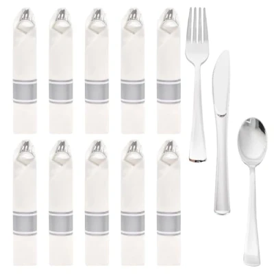Immagine di Disnace Set di Posate Plastica da 10 Pezzi, per Feste in Miste Coltello e Forchetta con Tovaglioli Cucchiaio (Argento)