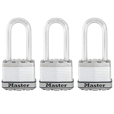 Immagine di MASTER LOCK Lucchetto ad Alta Sicurezza [Chiave] [Acciaio Laminato] [Esterno] [Archetto L] [Set di 3] M1EURTRILH Ideale per Portali, Garage, Sconto