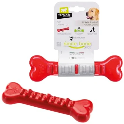 Immagine di Ferplast Gioco Cane, Osso Dispenser Crocchette Cani, in Materiale Durevole da Masticare, Aroma Carne, per Igiene Dentale, SMILE Osso, Giochi Cane Grande, Rosso