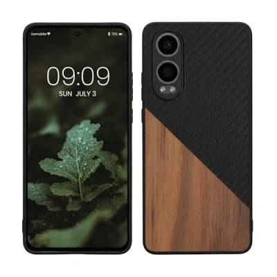 Immagine di kwmobile Cover Compatibile con OnePlus Nord CE 4 Lite 5G Custodia in Fibra di Carbonio e Legno Bumper Anti Urto Back Protection Marrone Scuro/Nero