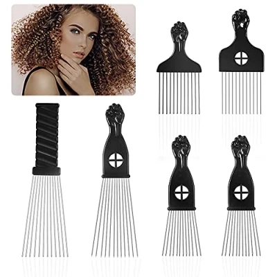 Immagine di Pettine Afro 6 Pezzi di Metallo per L&#039;Africano Set Capelli Strumento lo Styling dei Pick con Pugno Nero