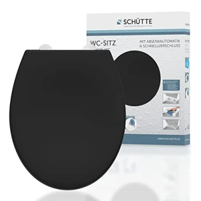 Immagine di SCHÜTTE Sedile WC nero con abbassamento automatico e chiusura rapida motivo coperchio cerniere in metallo occhialini fino a 150 kg misura universale
