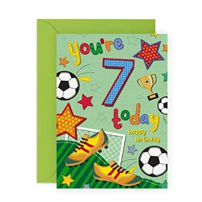 Immagine di CENTRAL 23 biglietto di auguri per il settimo compleanno ragazzi calcio età 7 sette anni figlio, nipote fornito con adesivi