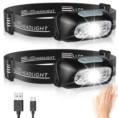 Immagine di Glangeh Torcia Frontale, 2 Pacchi Lampada Frontale con Sensore Movimento, USB Ricaricabile, Batteria 1200mAh, IPX6 Impermeabile da Testa 4 Modalità di Luce, per Campeggio, Corsa, Pesca
