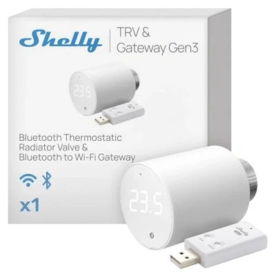 Immagine di Shelly Blu TRV e Gateway Gen3, Termostato intelligente per radiatori, Controllo preciso della temperatura, Schermo ruotabile, Batterie di lunga durata, da Bluetooth a Wi FI incluso