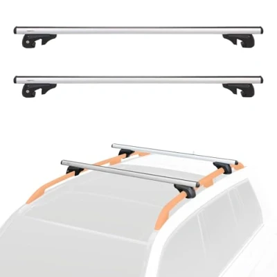 Immagine di Amazon Basics Barre portapacchi da 132.1 cm per tettuccio auto, adatte binari rialzati con larghezza 98 a 116,8 cm, Confezione 2 pezzi, Argento