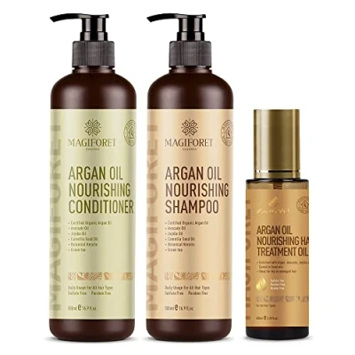 Immagine di MagiForet Set per la cura dei capelli con shampoo all&#039;olio di argan 500 ml + balsamo siero 100 ml, senza parabeni nutre ricci, crespi e trattati colori morbidi ed elastici