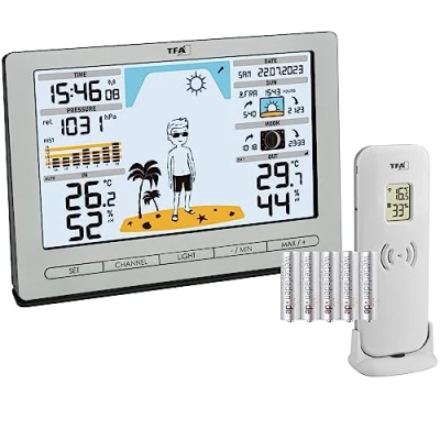 Immagine di TFA Dostmann Stazione METEO radio JACK, 35.1097.01, con trasmettitore esterno, previsioni meteo, pressione atmosferica, fase lunare, alba e tramonto, orologio radio, argento batterie