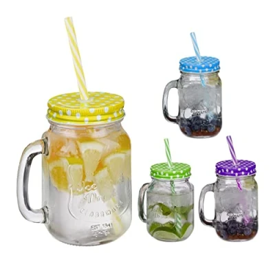 Immagine di Relaxdays Set 4 Tazze con Cannuccia e Coperchio, tè Freddo, Bevande, Limonate, per Party, Manico, 500 ml, Colorato
