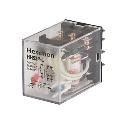 Immagine di Heschen Relè di potenza per uso generico, HH53P L, Bobina 220VCA, 5A 220VCA/24VCC, 3PDT, Terminali a 11 pin, Indicatore LED