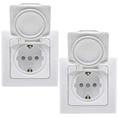 Immagine di DELPHI Presa IP44 con coperchio pieghevole telaio da 230 V, 2 prese incasso, per ambienti umidi e esterni, colore: Bianco