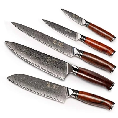 Immagine di YARENH Set di Coltelli da Cucina Professionali 5 Pezzi, 73 Strati Acciaio Damasco Inossidabile, Manico in Sandalo Ergonomico, Coltello Chef