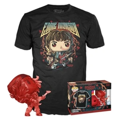 Immagine di Funko POP! &amp; Tee: Stranger Things Hunter Eddie With Guitar Large (L) T Shirt, Maglietta Vestiti con Figura in Vinile da Collezione Idea Regalo Giocattoli e Top a Maniche Corte Uomini