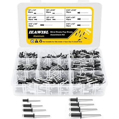 Immagine di Rivetti, Assortimento Di 400 Rivetti In Alluminio, 8 Misure M3 M5 Pop Ciechi, Ciechi Rivetto Kit, Set A Strappo Legno Plastica Kit Per Metallo Legno(Nero)