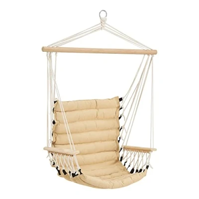 Immagine di Poltrona Sospesa Altezza Completa 140 cm Altalena Relax con Braccioli e Schienale Sedia Appendibile Carico Fino a 100 kg Uso Interno/Esterno Beige
