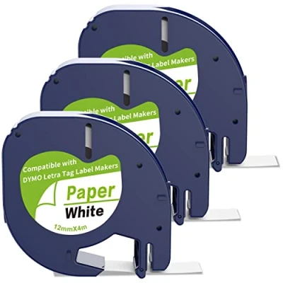 Immagine di 3 x Nastro per Etichette Compatibile Con il Etichettatura Dymo Letratag ‎S0721510 91200, 12mm 4m di Carta Nero su Bianco Etichettatrice LT 100H 100T 110T XR
