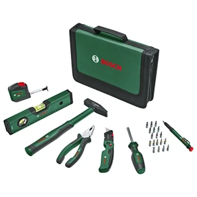 Immagine di Bosch Set Universale di Utensili Manuali 25 Pezzi, Versatile Kit per Usi Fai Da Te in Ambito Domestico, Coltello Ripiegabile, Pinze Combinate, Metro a Nastro, Livella Bolla, e Altro