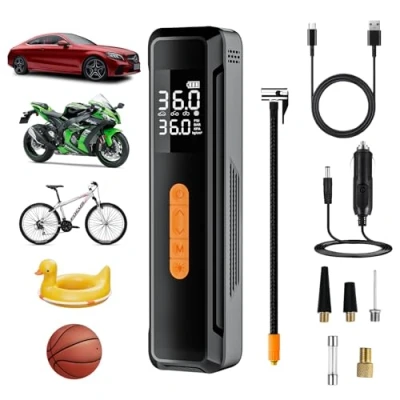 Immagine di Compressore Aria Portatile, GuKKK 150PSI Gonfiatore Elettrico con 6000mAh,Mini Manometro, Portatile Luce LED, Accessori Auto, Adatto per Auto Moto Bici Palla