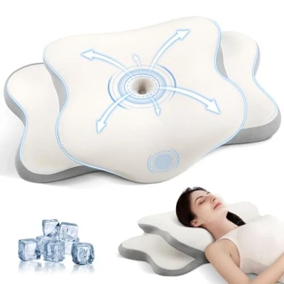 Immagine di JINXIA Cuscino Cervicale, Ergonomico, Ortopedico per Chi Dorme su un Fianco, Sulla Schiena e a Pancia in Giù con Federa Rimovibile, Bianco