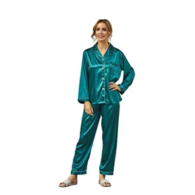 Immagine di Ladieshow Pigiama da donna, in raso, a maniche lunghe, con due pezzi, colore: Verde