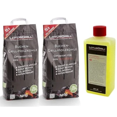 Immagine di LotusGrill Carbone di legno faggio da 2,5 kg, con LotusGrill, pasta combustibile 500 ml, entrambi sviluppati per grigliate carenti fumo il barbecue
