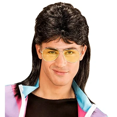 Immagine di W WIDMANN MILANO party Fashion 01853 Parrucca taglio mullet con occhiali, anni 80, capelli sintetici, acconciatura in stile retro per di cattivo gusto, carnevale o feste a tema, nera