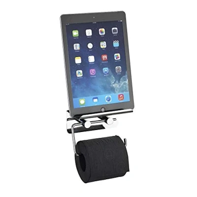Immagine di WENKO Portarotolo con porta smartphone Acciaio inossidabile fissaggio senza trapano, inossidabile, 14 x 11.5 7 cm, Lucido