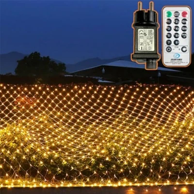 Immagine di 204 LEDs Rete di Luci All&#039;aperto, 3M x 2M Fata Nette Alimentazione Plug In, 8 Modalità Impermeabile Giardino Tenda Decorative Luce con Telecomando e Timer per Natale Feste, Bianco Caldo