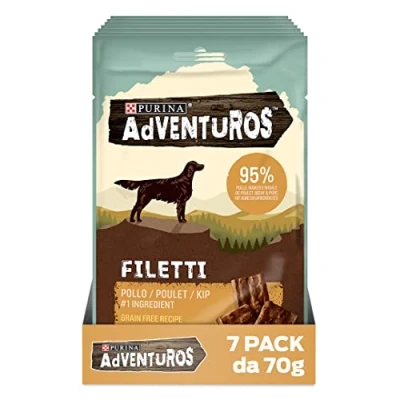 Immagine di PURINA Adventuros High Meat Filetti Snack Cani Ricco in Pollo, 7 Confezioni da 70g