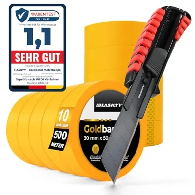 Immagine di HASKYY Nastro crespo per imbianchini, 10 Rotoli 30 mm x 50 m, con coltello in alluminio, Mascheratura set professionale bordi taglienti, Arancia Carta Gommata, taglierino lama SK5