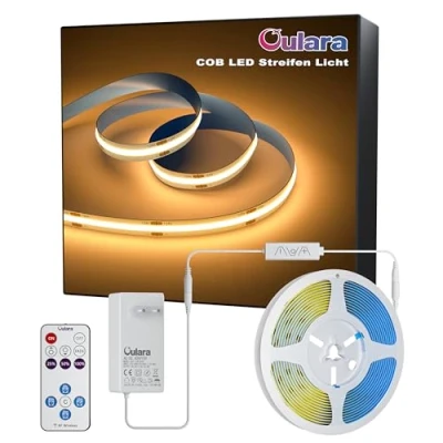 Immagine di OULARA Striscia LED COB bianco caldo, 2700 K, 6 m, 1920 LED, dimmerabile, 24 V, flessibile, con telecomando RF e alimentatore, CRI 90 +, luce da incasso luminosa per decorazione domestica, fai te,