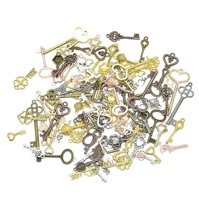 Immagine di Teogneot Ciondolo per collana con chiave a scheletro in bronzo antico, 100pezzi, feste di matrimonio e compleanno
