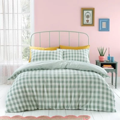 Immagine di Catherine Lansfield Seersucker Set copripiumino per letto king size, motivo a quadretti, colore: verde