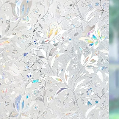 Immagine di rabbitgoo Pellicola Privacy per Finestre e Vetri 3D Fiori Decorative Autoadesive Controllo di Calore con Effetto Arcobaleno Anti UV, Casa Bagno Cucina Ufficio, 44.5x200cm